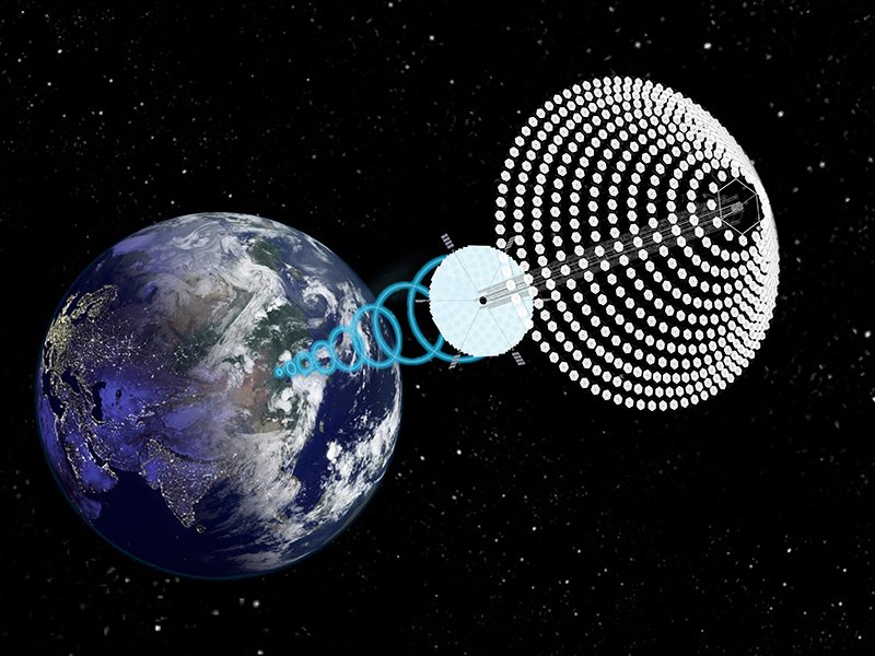 SPS-ALPHA concept for space solar power: reflectors concentrate sunlight onto module array. Satellite beams power to receiver from geosynchronous orbit. "The most sobering thing about all of this is scale," says Dr. Paul Jaffe. (Image: John C. Mankins) 