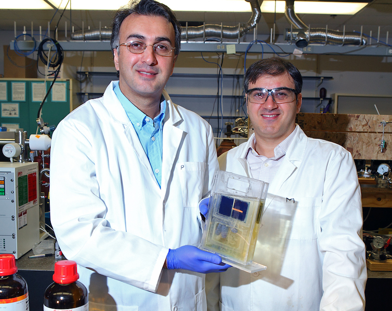 Amin Salehi-Khojin (left), UIC assistant professor of mechanical and industrial engineering, and postdoctoral researcher Mohammad Asadi with their breakthrough solar cell that converts atmospheric carbon dioxide directly into syngas.